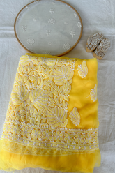 Arsh Handcrafted Yellow Georgette Unstitched Chikankari 3pc Suit Set - arshchikan