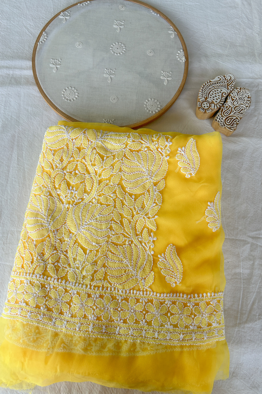 Arsh Handcrafted Yellow Georgette Unstitched Chikankari 3pc Suit Set