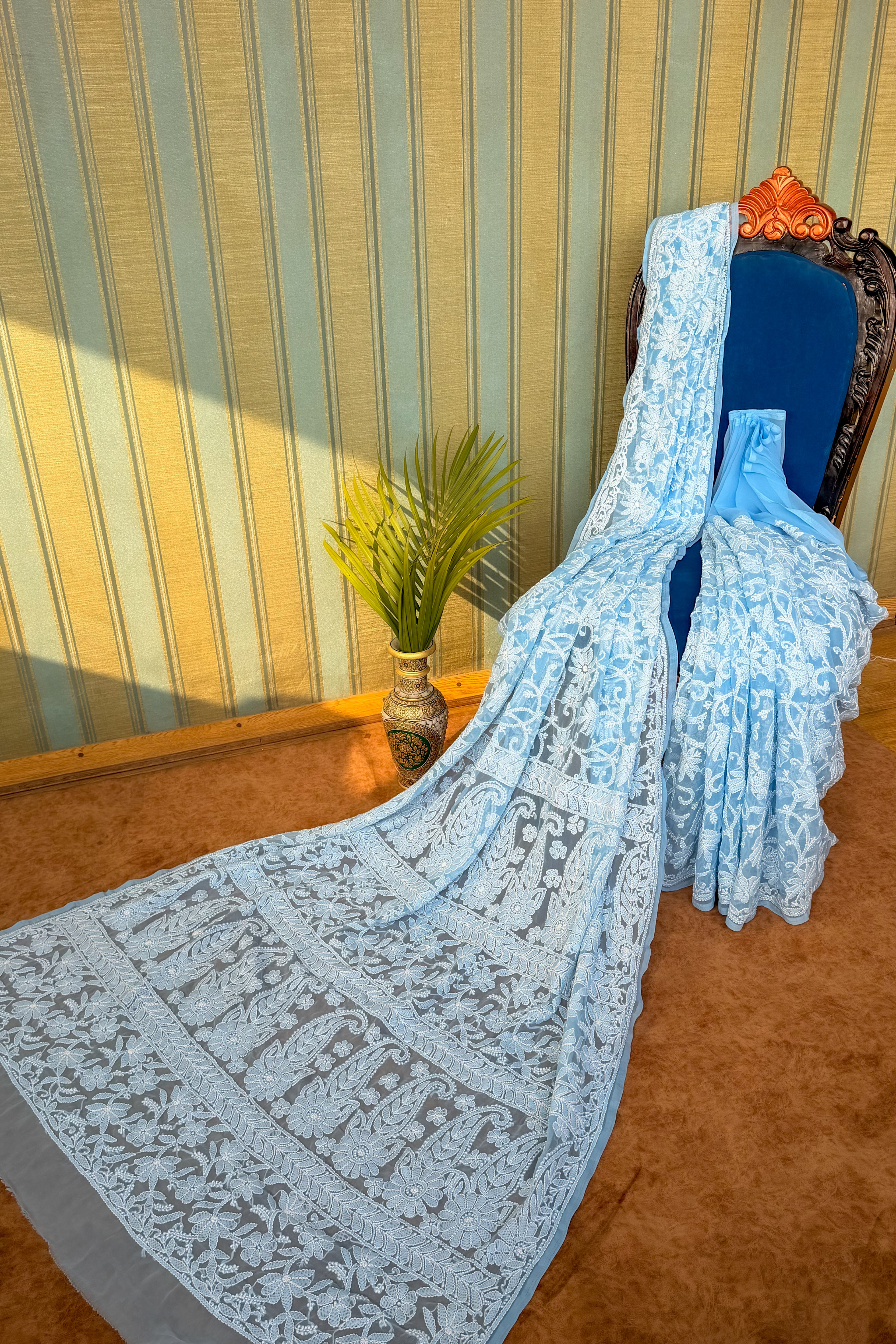 Arsh Handcrafted Georgette All Over Chikan Powder Blue Embroidered Saree - arshchikan