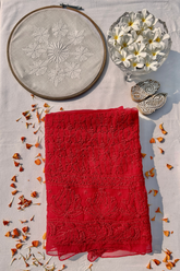 Arsh Chikan Hand Embroidered Red On Red Chikan Kurti Piece. - arshchikan