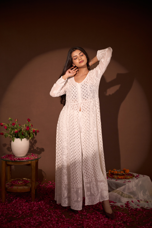 Arsh Handcrafted Front Open White Chikan Anarkali