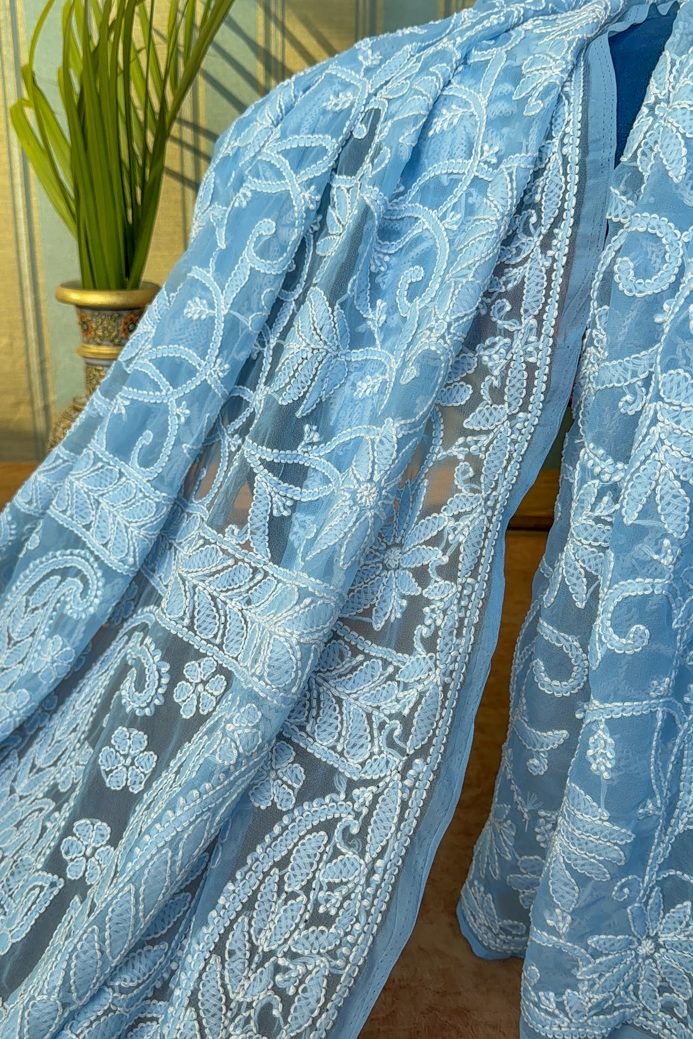 Arsh Handcrafted Georgette All Over Chikan Powder Blue Embroidered Saree - arshchikan