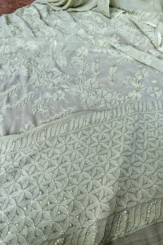 Arsh Handcrafted Pure Georgette Palla Boota Chikan Embroidered Saree