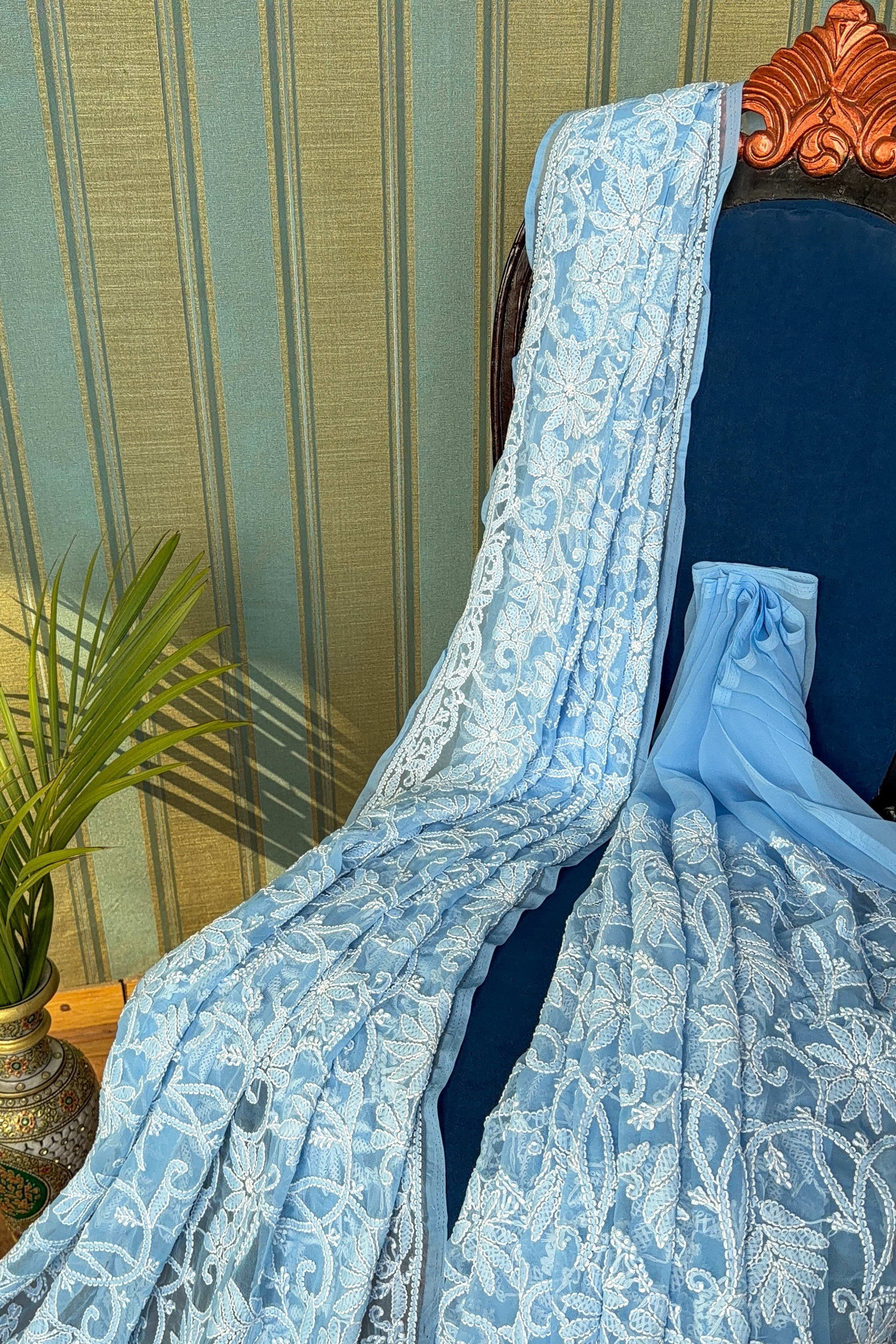 Arsh Handcrafted Georgette All Over Chikan Powder Blue Embroidered Saree - arshchikan