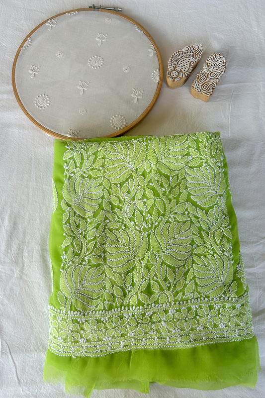 Arsh Handcrafted Parrot Green Georgette Unstitched Chikankari 3pc Suit Set