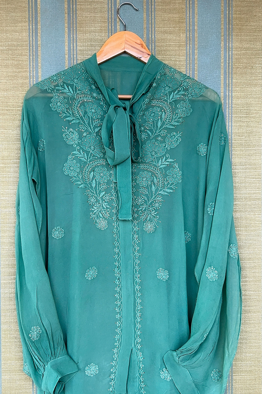 Arsh Handcrafted Forest Green Pure Viscose Georgette Semi Stitched Top