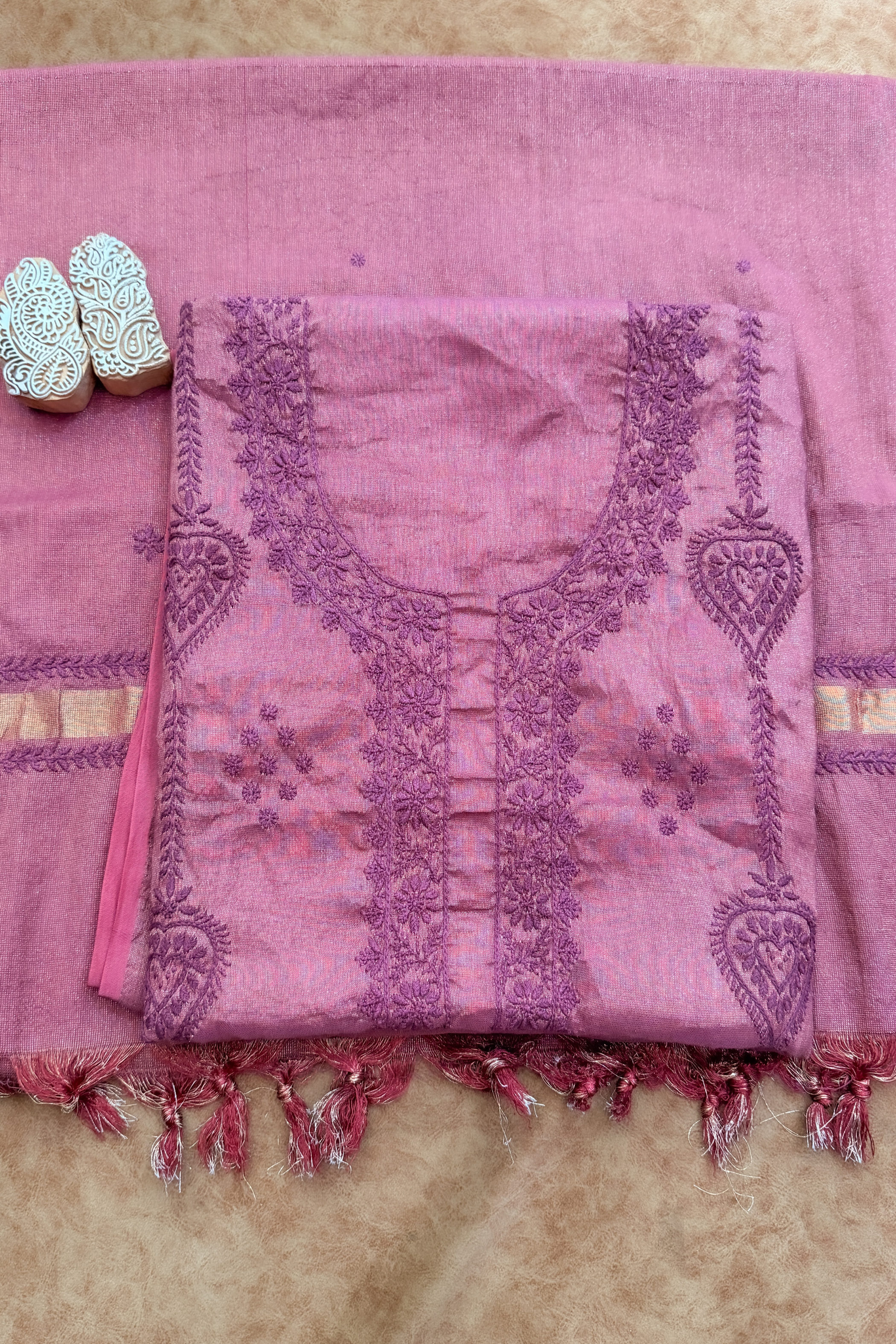 Arsh Handcrafted Tissue Chanderi Kurti and Dupatta Chikankari Set - arshchikan