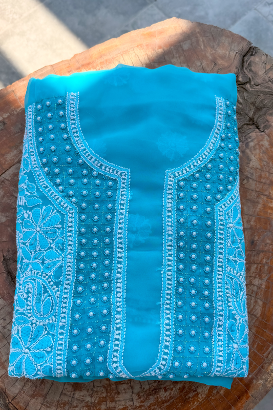 Arsh Hand Embroidered Aqua Blue Chikankari Unstitched Suit Set - arshchikan