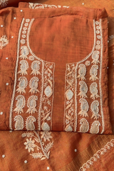 Arsh Handcrafted Rust Pure Tissue Kurti and Dupatta Semi Stitched Set - arshchikan