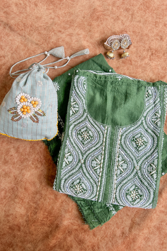 Arsh Handcrafted Chanderi Silk Kurti and Dupatta Semi Stitched Chikankari Set