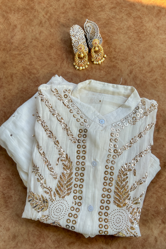 Arsh Handcrafted Mul Chanderi Mukesh Chikankari Semi Stiched Coord Set
