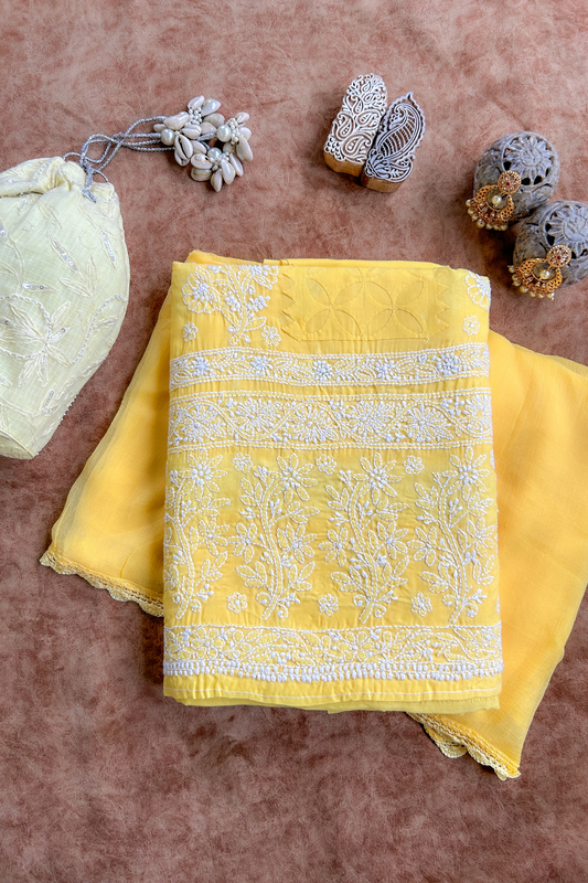 Arsh Handcrafted Yellow Cotton Unstitched Daraj Chikankari 3pc Suit Set