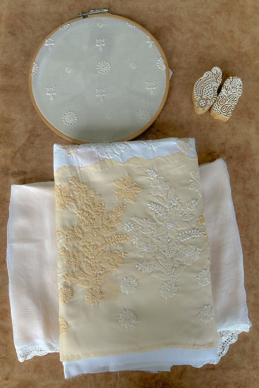 Arsh Handcrafted White & Fawn Cotton Unstitched Chikankari 3pc Suit Set