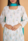 Arsh Handcrafted MulMul Cotton 3pc Kurti, Pant and Dupatta Chikankari Set - arshchikan