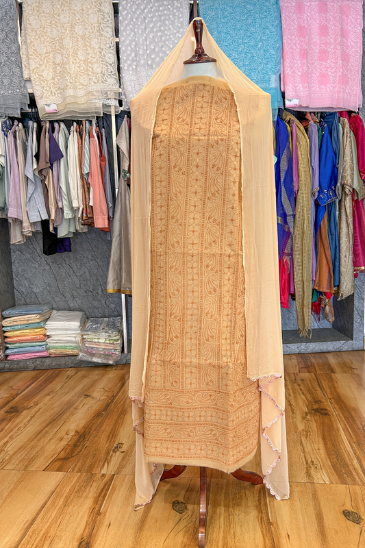 Arsh Handcrafted Almond Fawn Cotton Unstitched Chikankari 3pc Suit Set