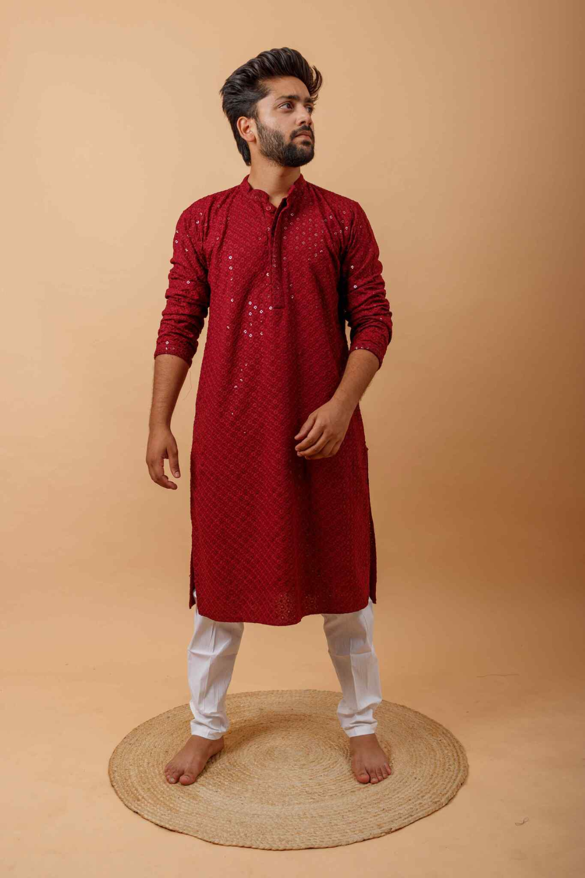 Arsh Maroon All Over Embroidered With Sequins Men's Kurta - arshchikan