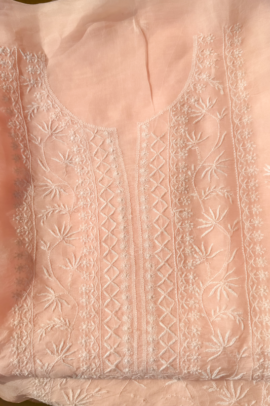 Arsh Handcrafted Peach Pure Organza Kurta and Dupatta set - arshchikan