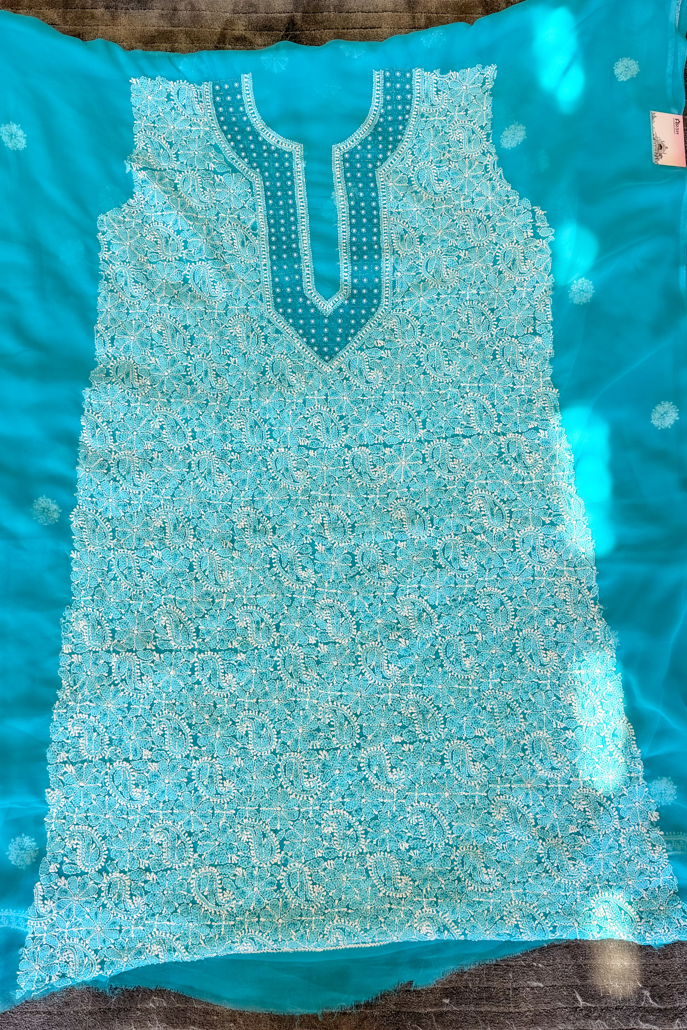 Arsh Hand Embroidered Aqua Blue Chikankari Unstitched Suit Set - arshchikan
