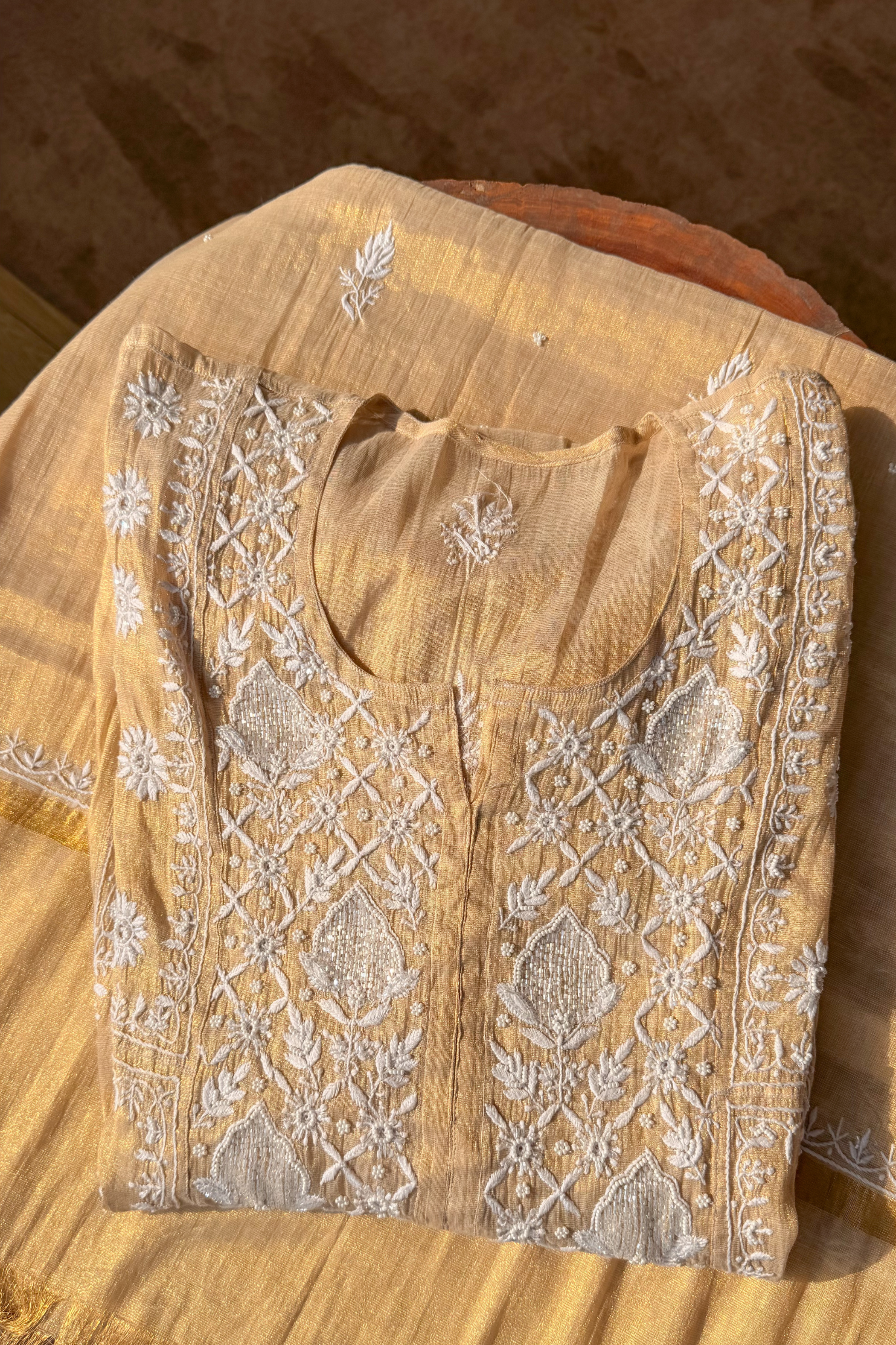 Arsh Handcrafted Mul Chanderi Kurti and Dupatta Semi Stitched Set - arshchikan