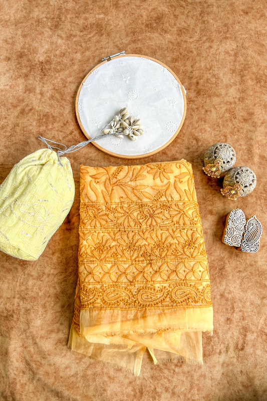 Arsh Handcrafted Mustard Organza Unstitched Chikankari Kurta and Dupatta Set