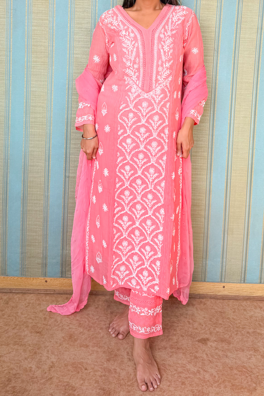 Arsh Handcrafted Kurti, Pant and Dupatta 3 pc Mul Chanderi Mukesh Chikan Set - arshchikan