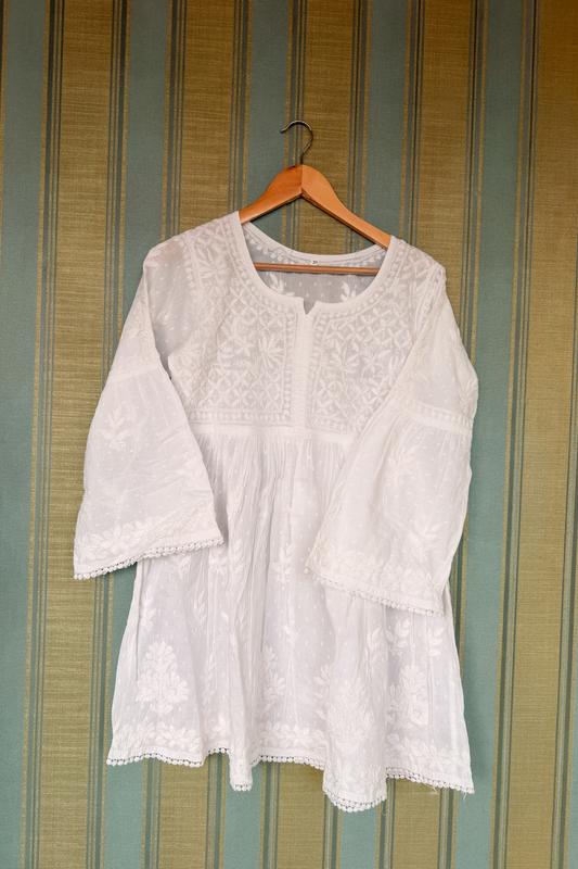 Arsh Handcrafted White Hand Embroidered Chikankari Short Frock