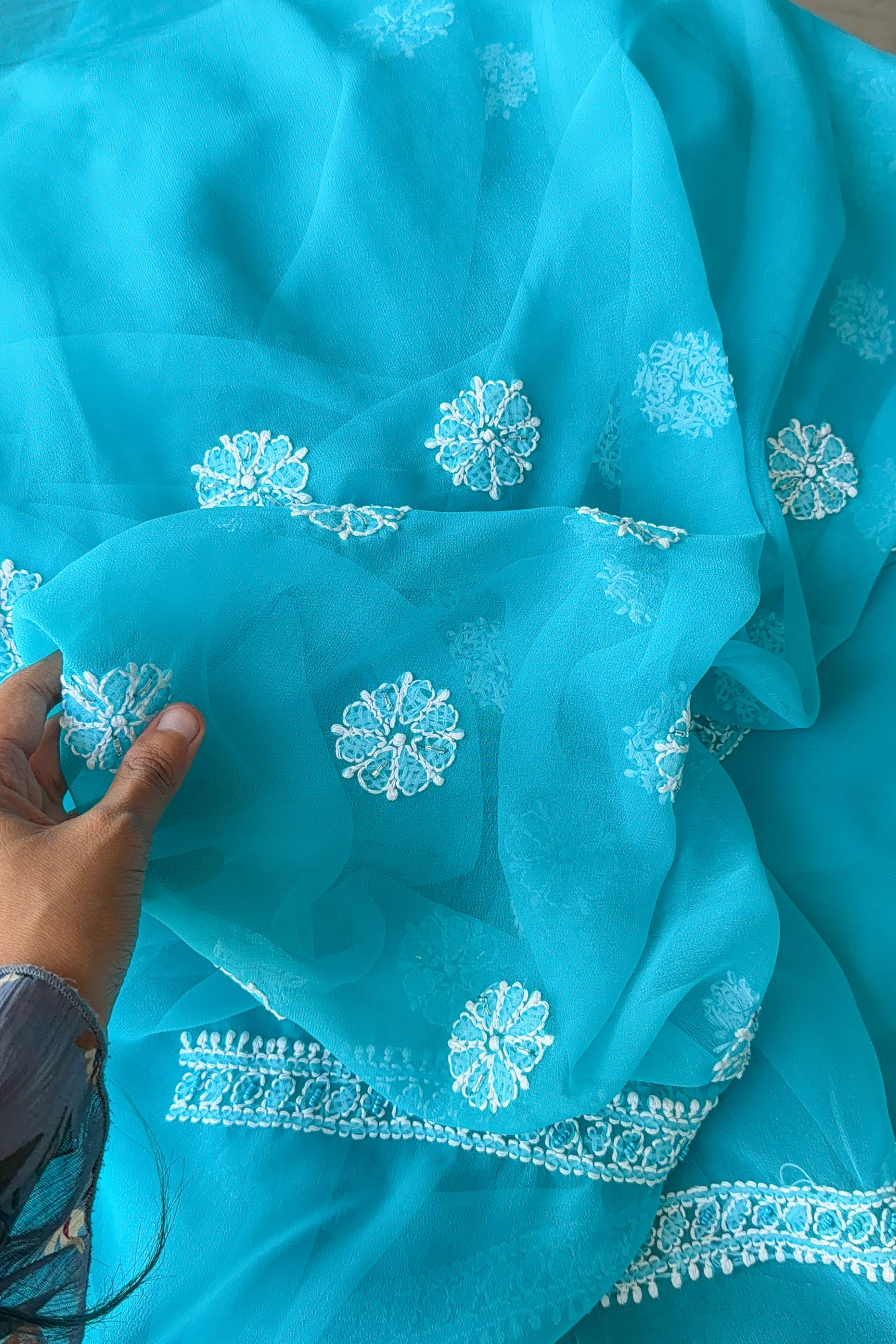 Arsh Hand Embroidered Aqua Blue Chikankari Unstitched Suit Set - arshchikan