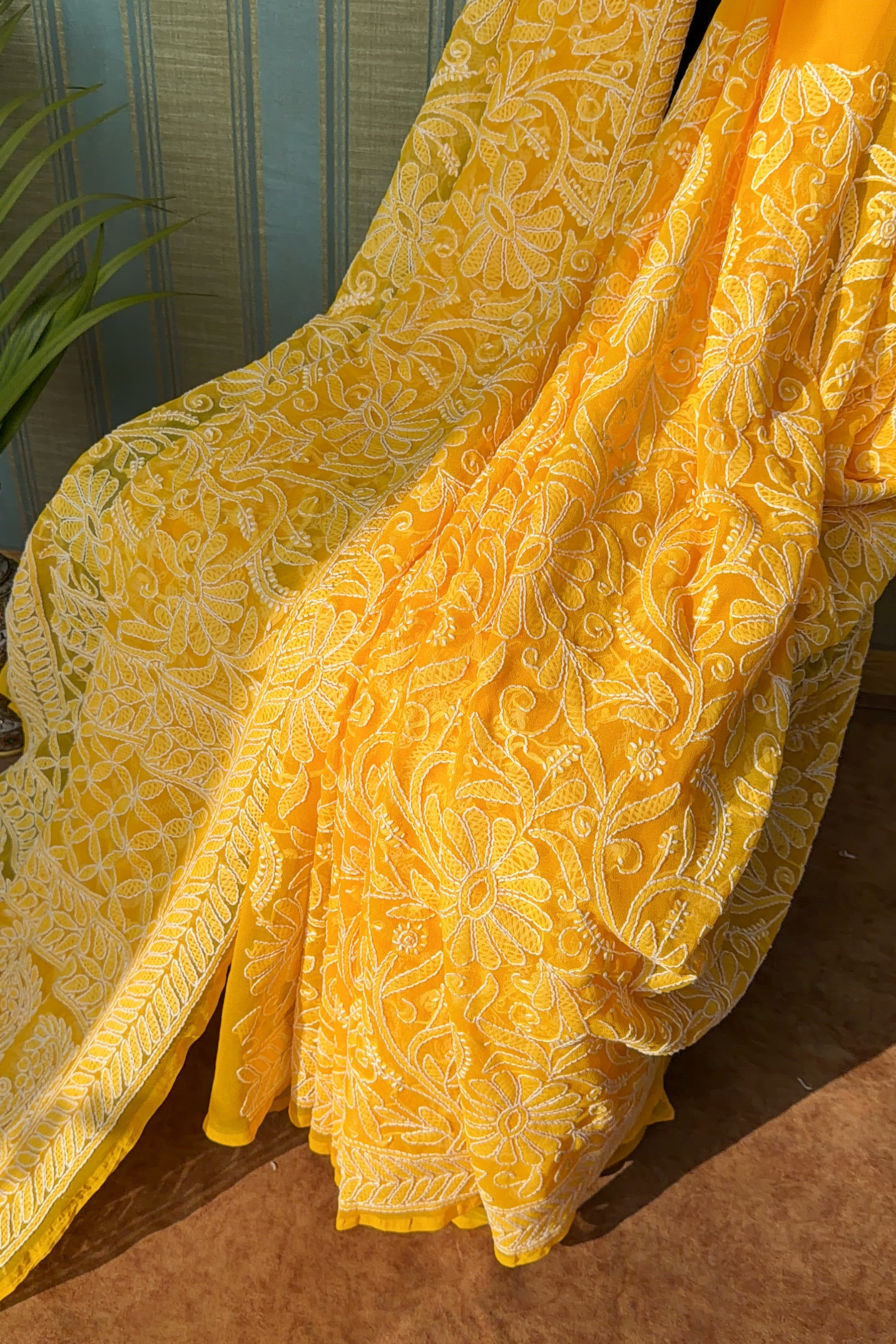 Arsh Handcrafted Georgette All Over Chikan Yellow Embroidered Saree - arshchikan