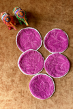 Arsh Hand Embroidered Round Coasters 13 cm, Cotton, Set of 6 in Magenta Pink