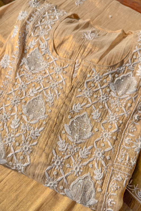 Arsh Handcrafted Mul Chanderi Kurti and Dupatta Semi Stitched Set - arshchikan