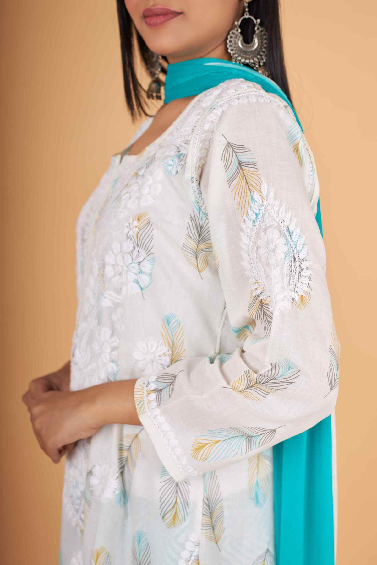 Arsh Handcrafted MulMul Cotton 3pc Kurti, Pant and Dupatta Chikankari Set - arshchikan