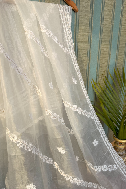 Arsh Handcrafted Pure Organza Chikankari Dupatta - arshchikan