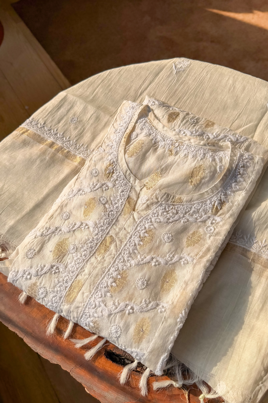 Arsh Handcrafted Pure Mul Chanderi Kurti and Dupatta Semi Stitched Set - arshchikan