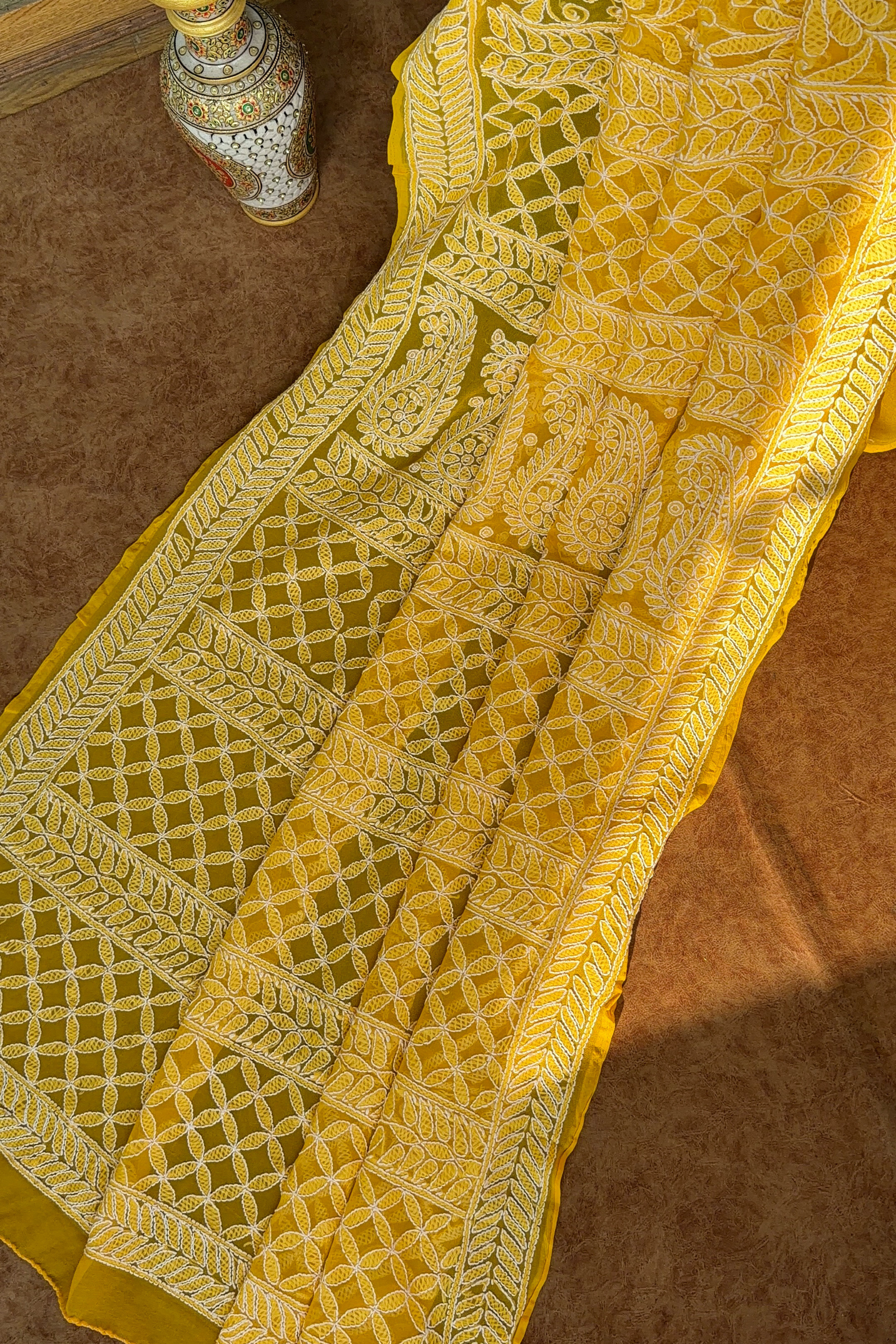 Arsh Handcrafted Georgette All Over Chikan Yellow Embroidered Saree - arshchikan