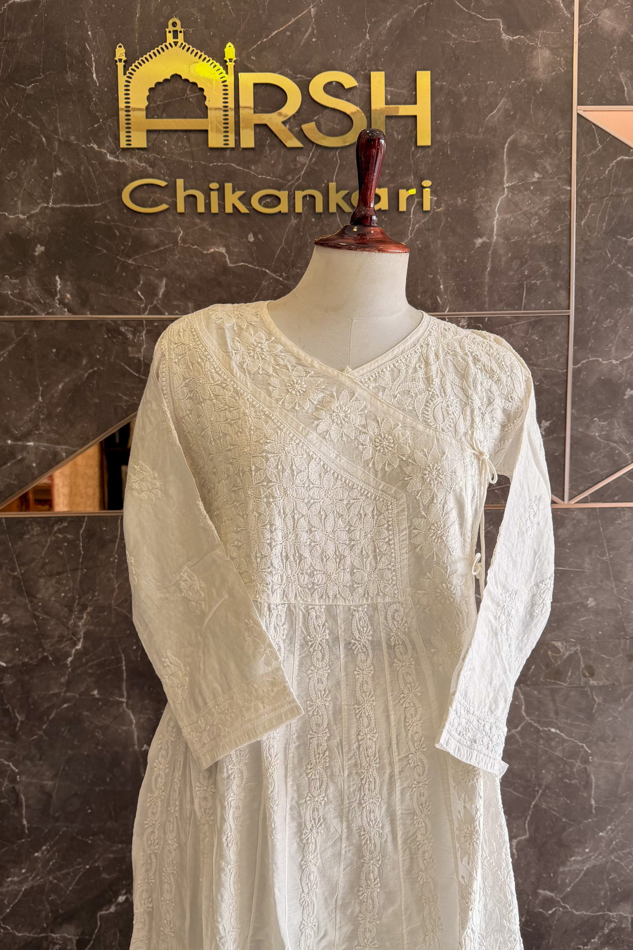 Arsh Handcrafted Pure Cotton White Chikan Angarkha - arshchikan