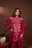 Arsh Handcrafted Chanderi Silk Red Colour Chikankari Semi Stiched Coord Set