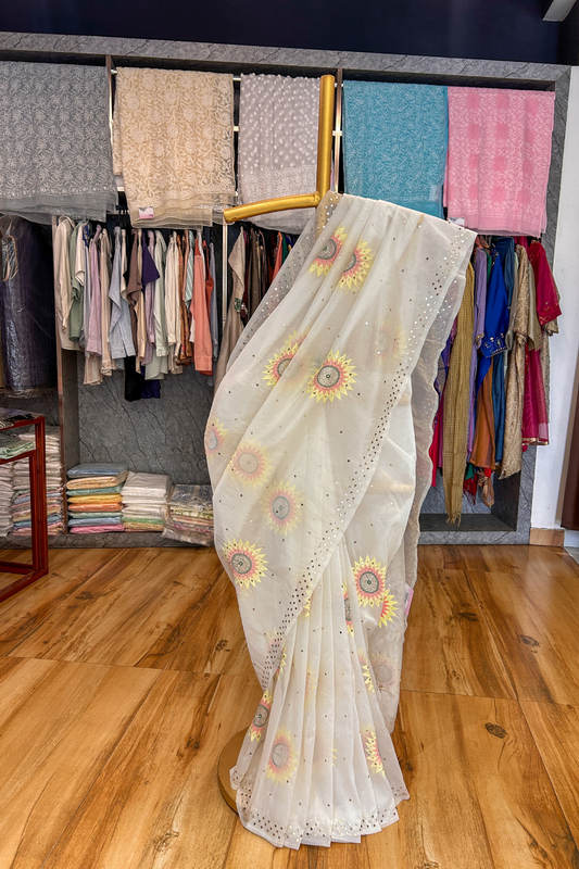 Arsh Handcrafted Pure Organza White Chikankari Saree
