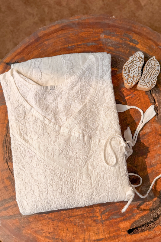 Arsh Handcrafted Pure Cotton White Chikan Angarkha - arshchikan