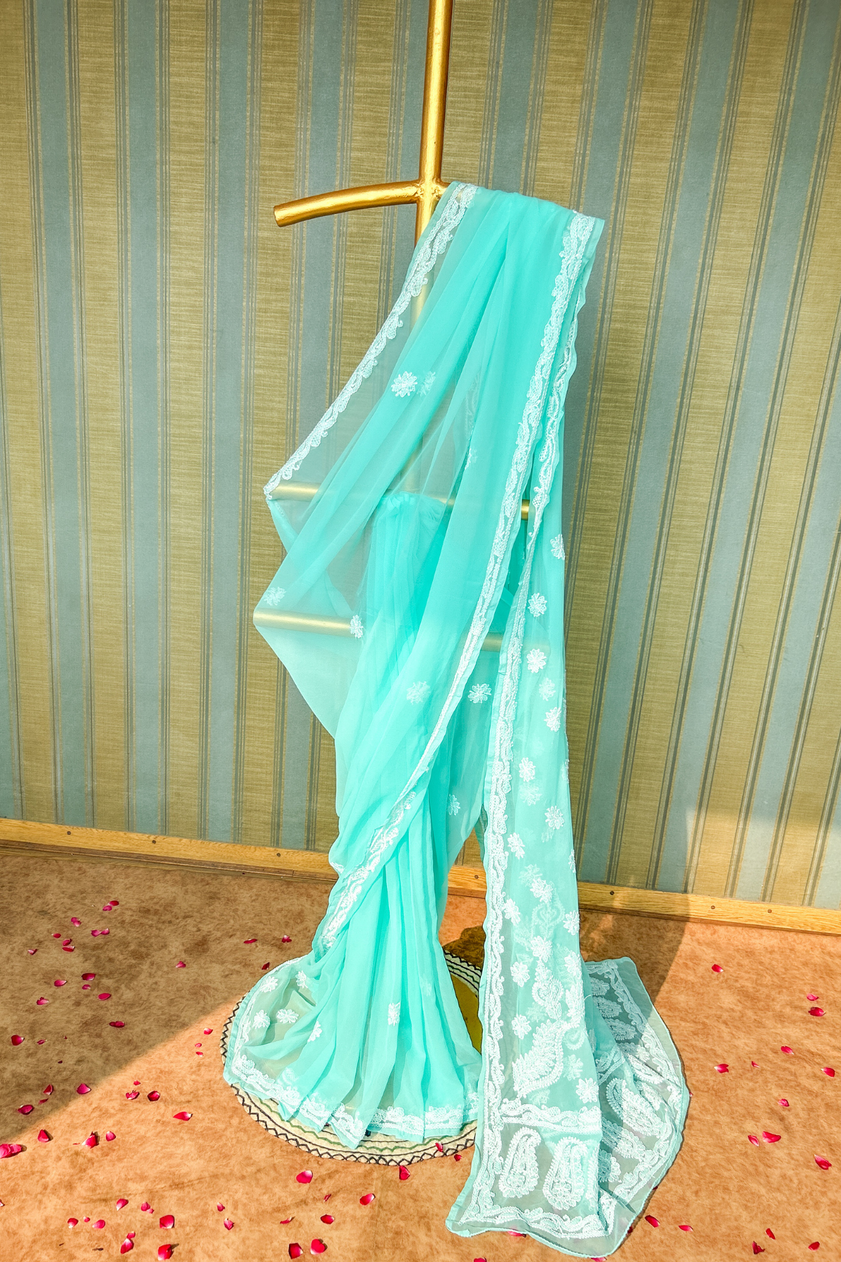 Arsh Handcrafted Semi Georgette Heavy Palla Turquoise Chikan Embroidered Saree - arshchikan