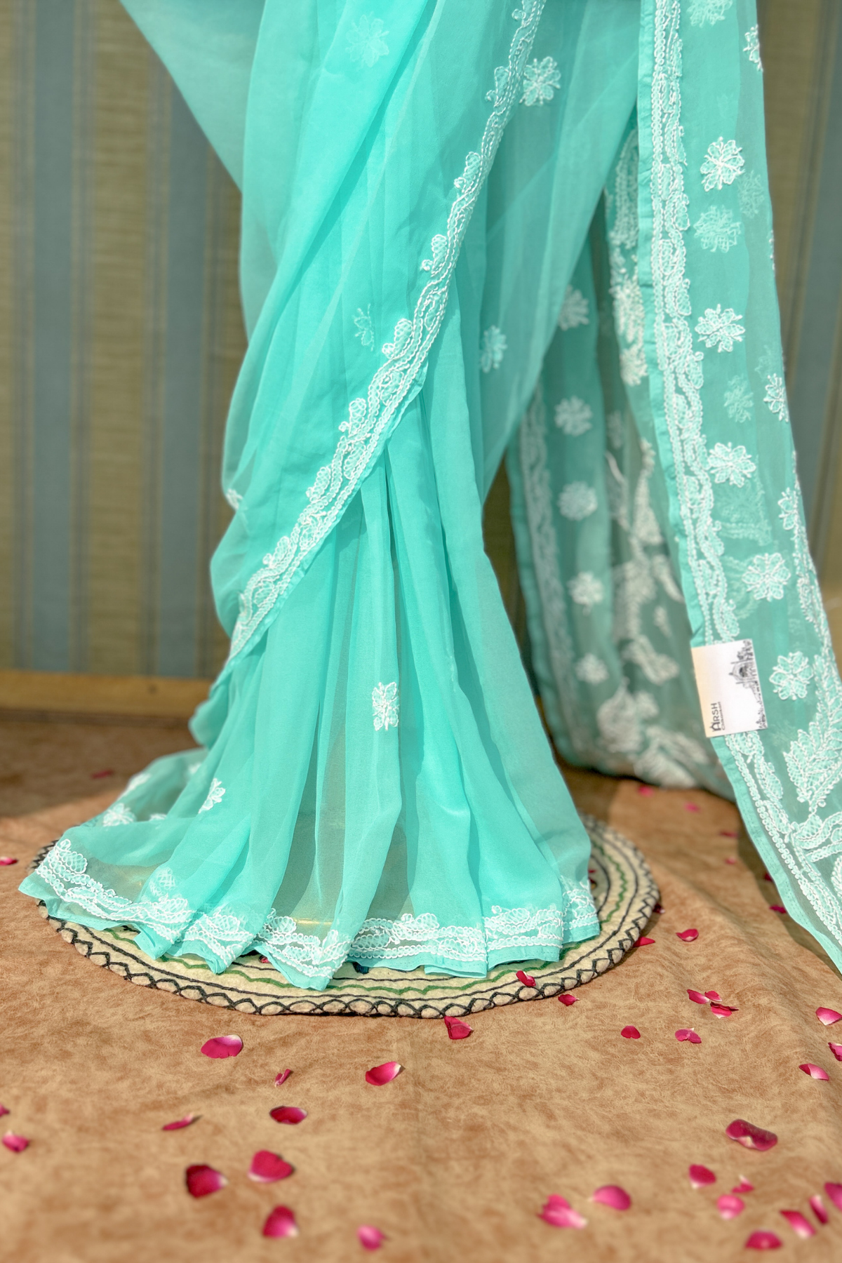Arsh Handcrafted Semi Georgette Heavy Palla Turquoise Chikan Embroidered Saree - arshchikan