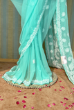 Arsh Handcrafted Semi Georgette Heavy Palla Turquoise Chikan Embroidered Saree - arshchikan
