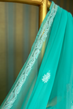 Arsh Handcrafted Semi Georgette Heavy Palla Turquoise Chikan Embroidered Saree - arshchikan