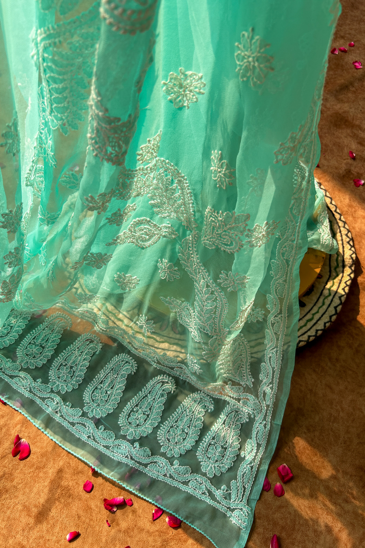 Arsh Handcrafted Semi Georgette Heavy Palla Turquoise Chikan Embroidered Saree - arshchikan