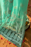Arsh Handcrafted Semi Georgette Heavy Palla Turquoise Chikan Embroidered Saree - arshchikan