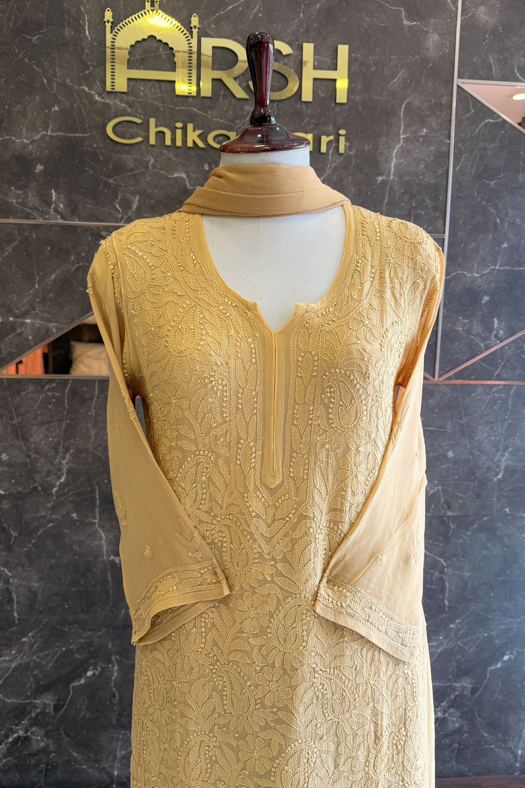 Arsh Handcrafted Kurta, Dupatta and Plazzo Set dyed in Beige Colour - arshchikan