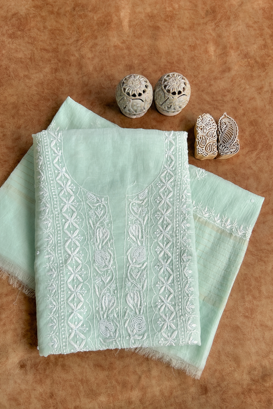 Arsh Handcrafted Mul Chanderi Unstitched Chikankari Kurti and Dupatta set