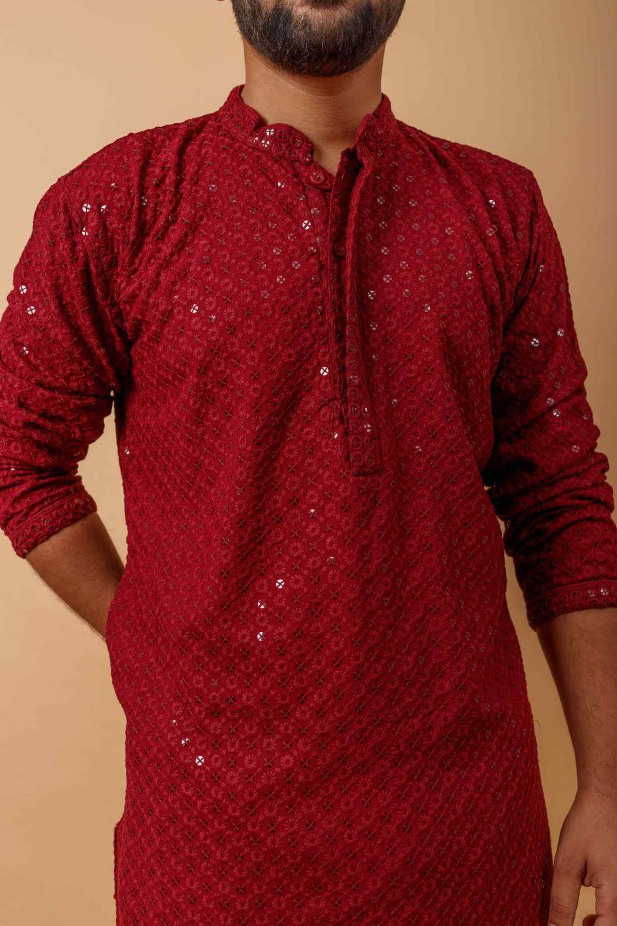 Arsh Maroon All Over Embroidered With Sequins Men's Kurta - arshchikan