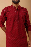 Arsh Maroon All Over Embroidered With Sequins Men's Kurta - arshchikan