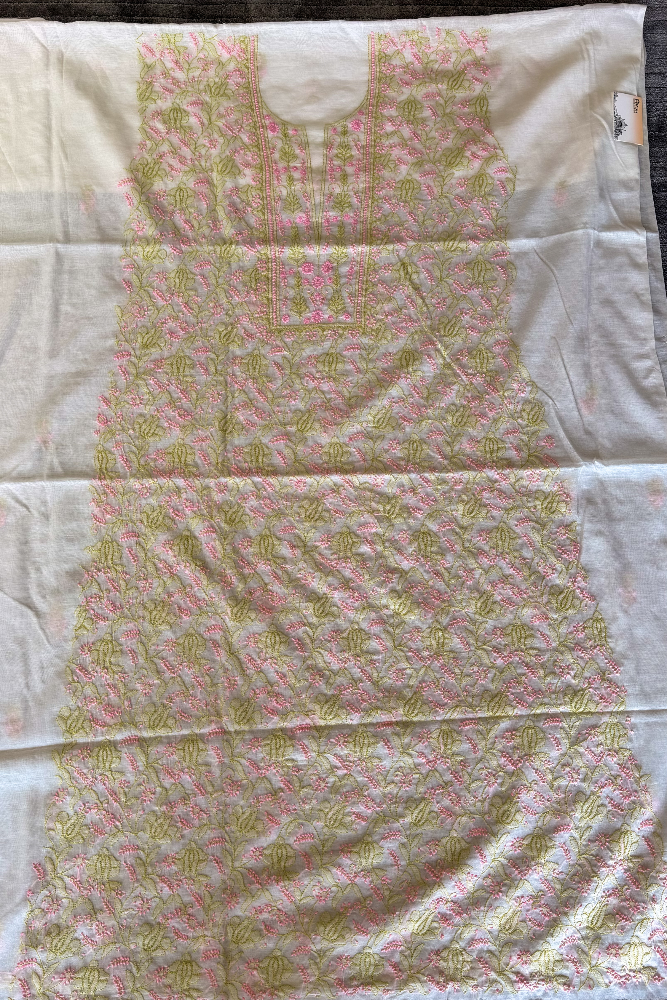 Arsh Handcrafted Mul Chanderi Unstitched Chikankari Kurti and Dupatta set - arshchikan