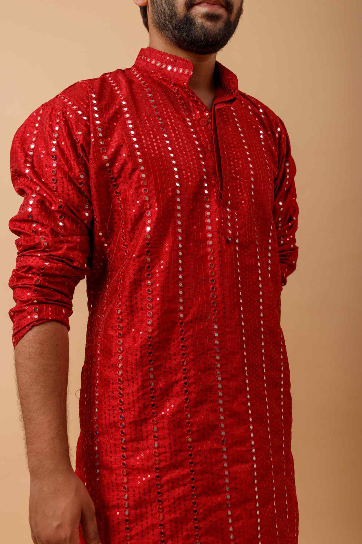 Arsh Maroon Red All Over Embroidered With Mirror Work Men's Kurta - arshchikan